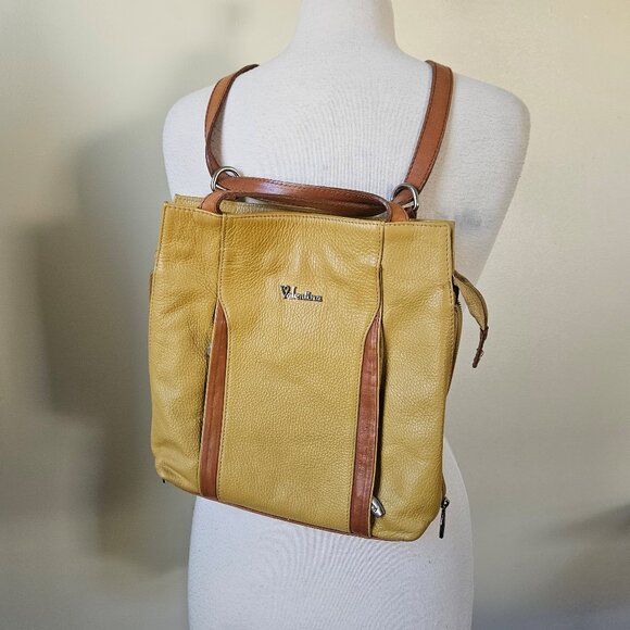 Valentina Italian Handmade Mustard Yellow Brown Convertible Bag Backpack Sling - Picture 5 of 7